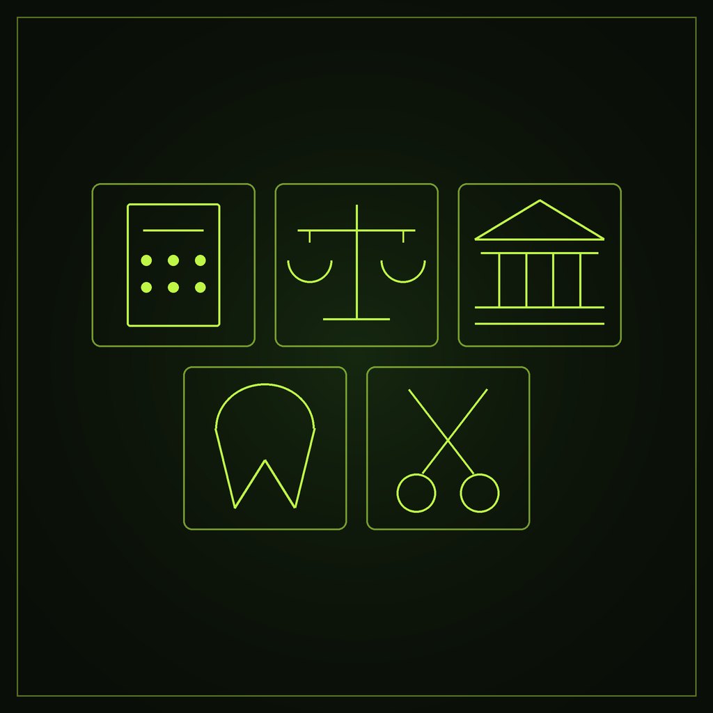 SEO for accountants, solicitors, law firms, private dental practices and salons Line illustrations of the five sectors covered: accountancy, solicitors, law firms, private dentistry and hairdressing